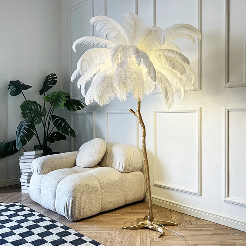 Decoration Ostrich Feather Floor Lamp  Resin Copper Living Room Home Decoration Indoor LED Stand Light Aesthetic Room Decoration
